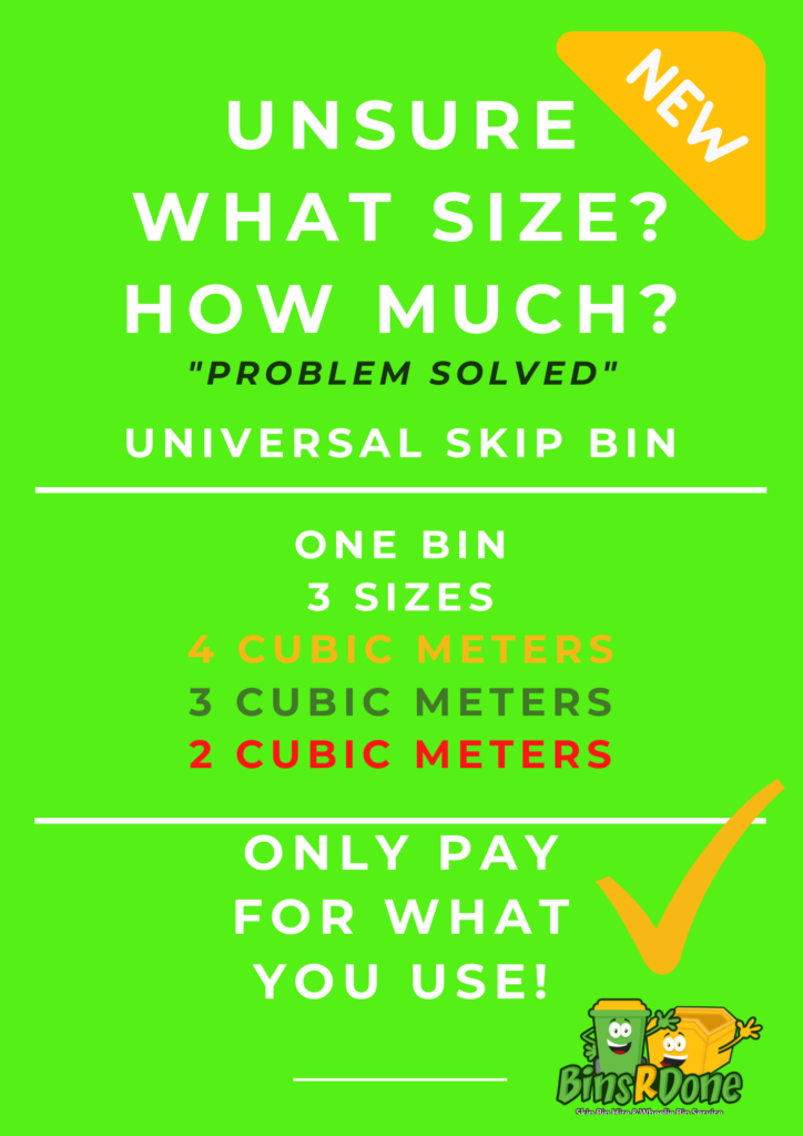 Universal hobart skip bin banner. One bin, 3 sizes (4, 3, 2 cubic metres). Only pay for what you use