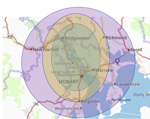 Bins R Done skip bin delivery zones map (Hobart to Sorrell)